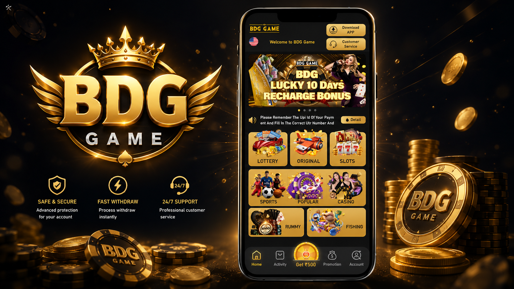 BDG Game app interface showing colour prediction, lottery, slots, casino and sports games with gold coins